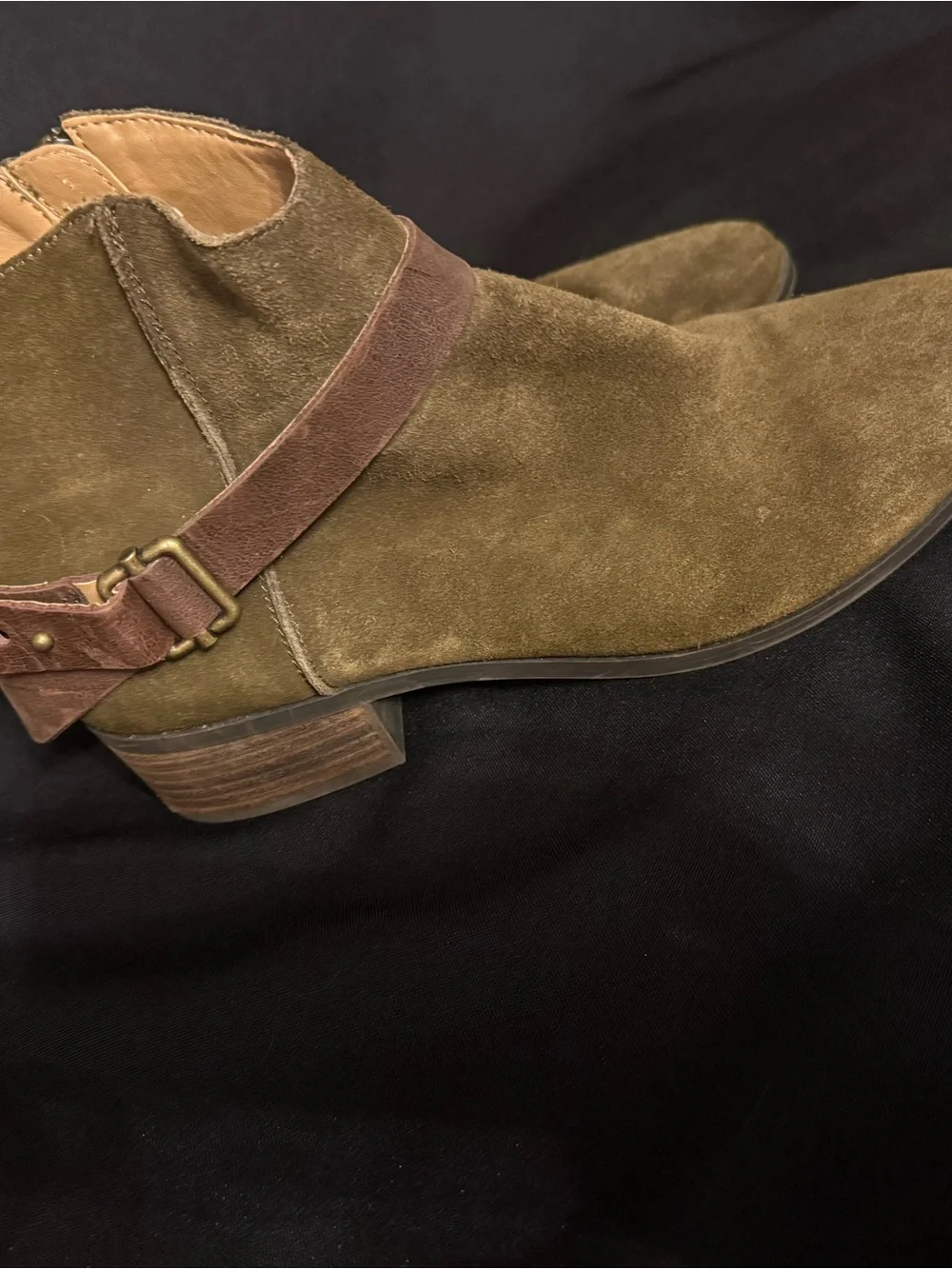 American Rag Brianna Olive Suede Ankle Boots with Brown Strap
